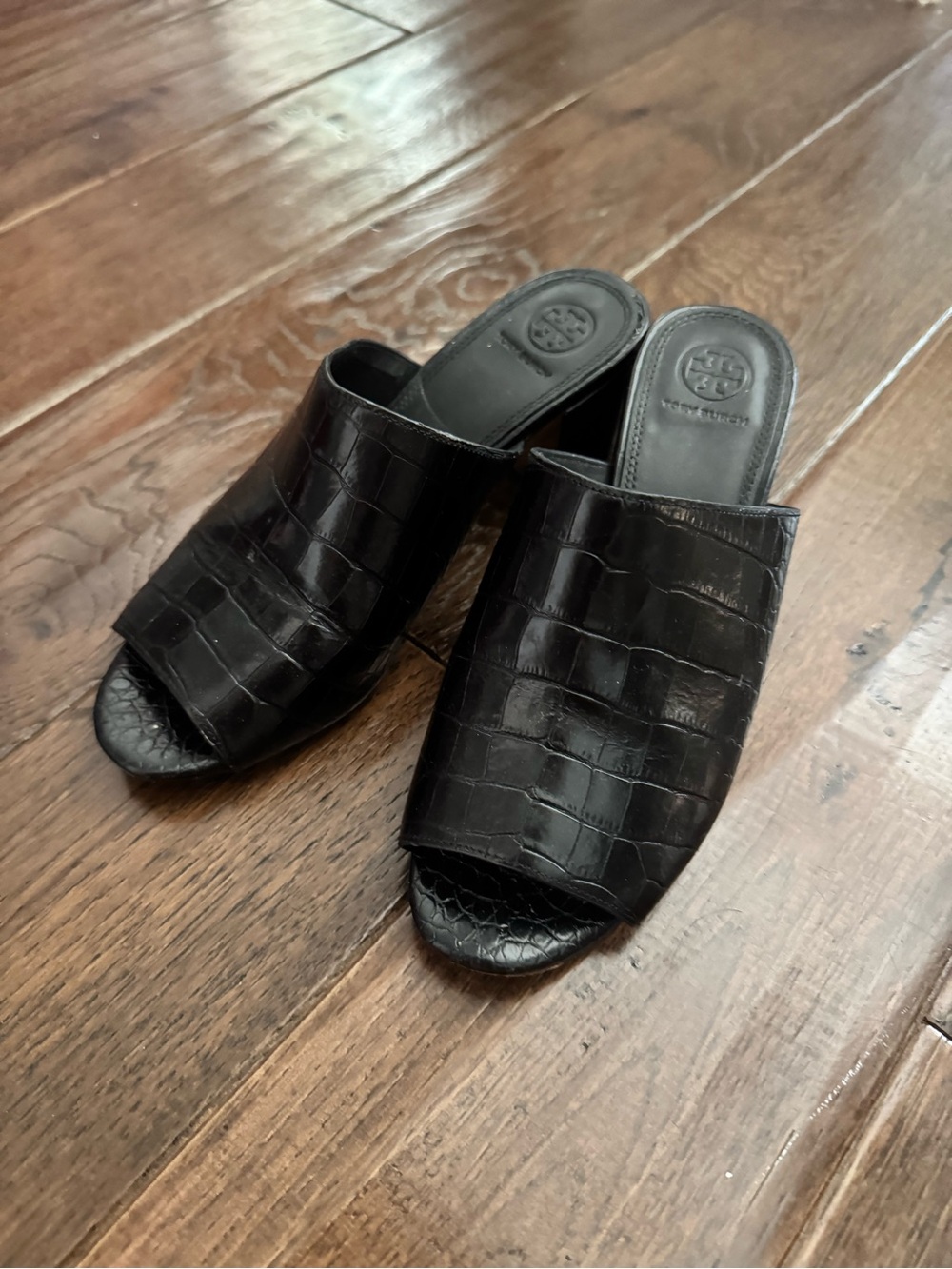 Tory Burch Black Croc-Embossed Slide Mule Sandals